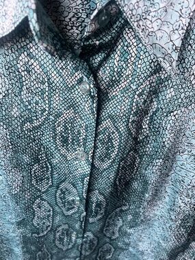 Tracy M. Silk Button-Up Blouse in Aqua and Black  96% silk and 4% spandex new
